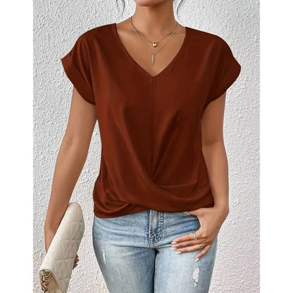 🔥👚 【S-2XL】Casual Krótki Rękaw Elegancki T-shirt z Dekoltem w Serek