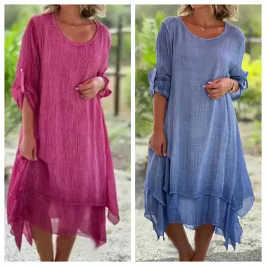 🔥👗Elegancka damska sukienka z okrągłym dekoltem w jednolitym kolorze o luźnym kroju