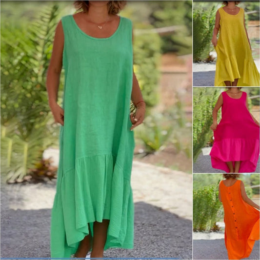 【S-4XL】Modna, bezrękawa, chłodna lniana sukienka 🎀