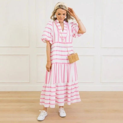 Damska letnia luźna sukienka z krótkim rękawem w paski🎀