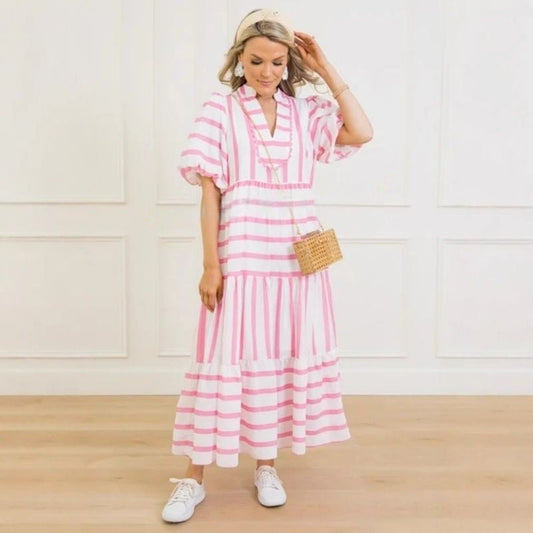 Damska letnia luźna sukienka z krótkim rękawem w paski🎀