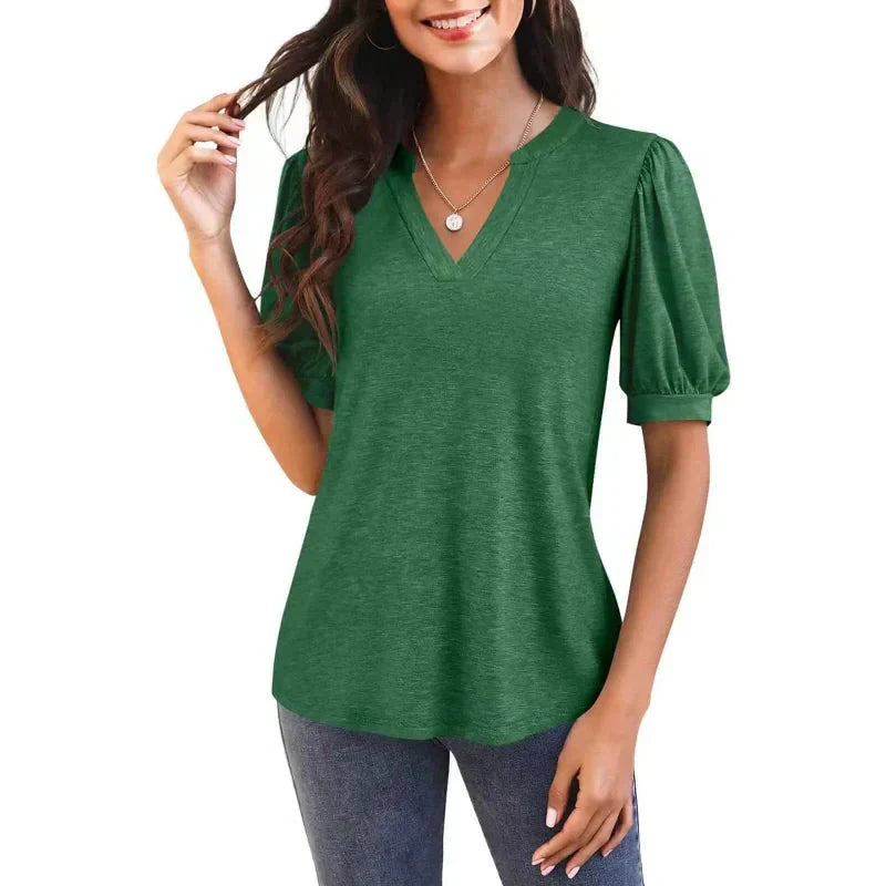 🔥👚Damska koszulka z dekoltem w serek i krótkim rękawem, swobodna, elegancka