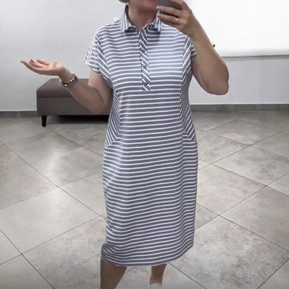 Damska casualowa sukienka w paski z krótkim rękawem