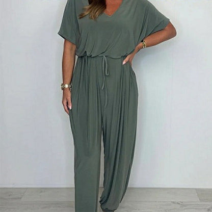 💖【S-3XL】Luźny kombinezon z dekoltem w szpic w jednolitym kolorze