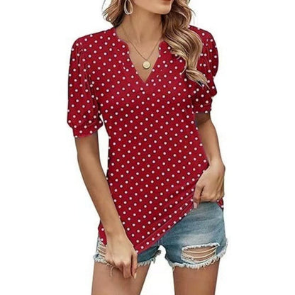 🌸Damski top w kropki z bufiastym rękawem i dekoltem w serek✨