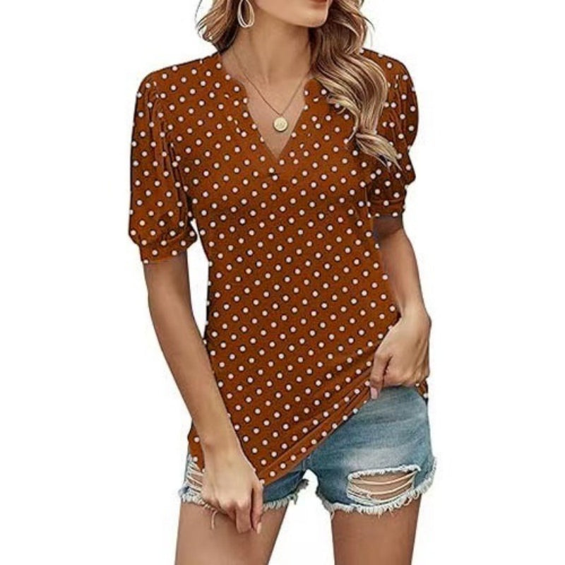 🌸Damski top w kropki z bufiastym rękawem i dekoltem w serek✨