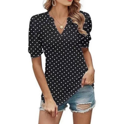🌸Damski top w kropki z bufiastym rękawem i dekoltem w serek✨