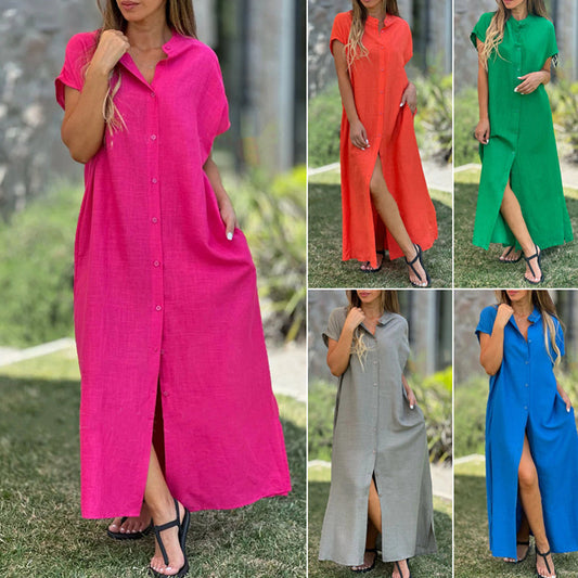 🎀【S-4XL】Damska luźna sukienka koszulowa z rozcięciem z boku, zapinana na guziki