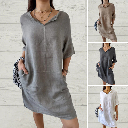 💃【S-2XL】Kobieta Casual Solid V-Neck Luźna sukienka
