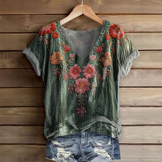 Vintage Washed Green Kwiatowy top z dekoltem w serek