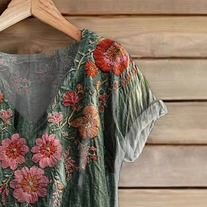 Vintage Washed Green Kwiatowy top z dekoltem w serek