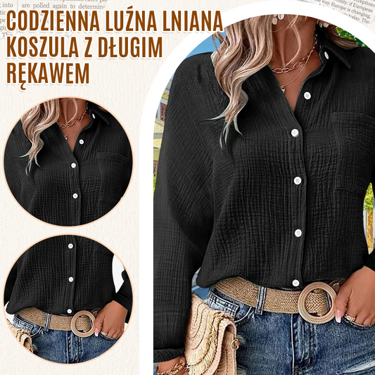 Codzienna luźna lniana koszula z długim rękawem