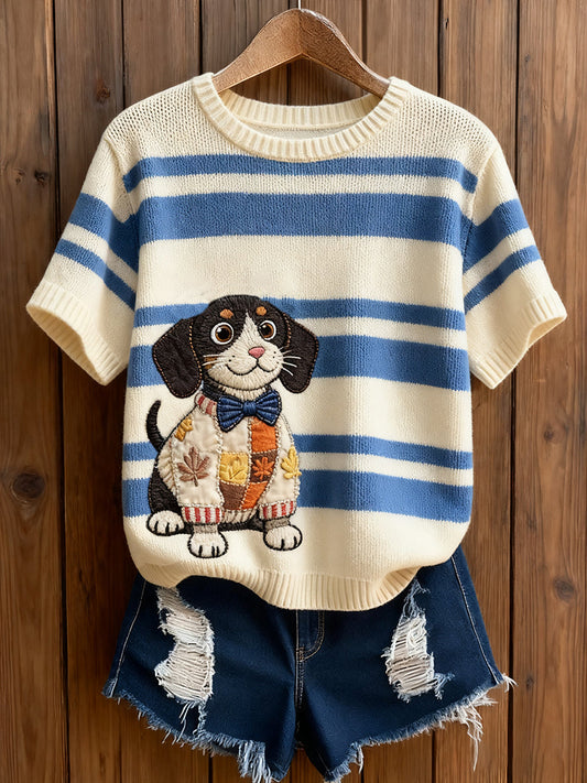 Жените артистични животински печат удобен плетене с къс ръкав отгоре