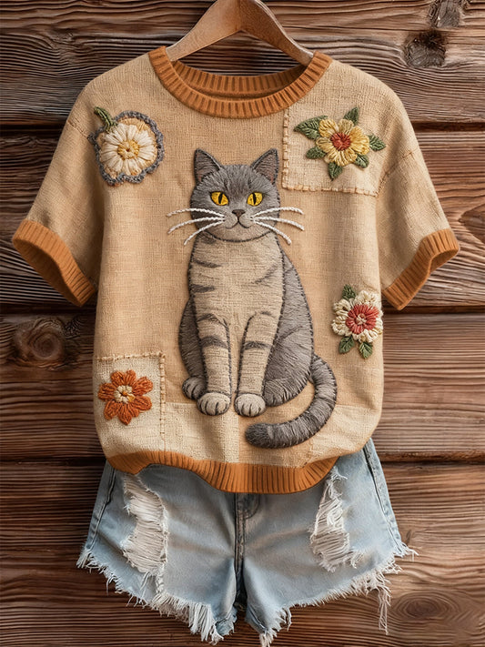 Жените артистични животински печат удобен плетене с къс ръкав отгоре